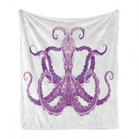 Octopus Soft Flannel Fleece Blanket, Traditional Ornamental Effects Aquatic Character Exotic Tentacles Graphic, Cozy Plush for Indoor and Outdoor Use, 70" x 90", Purple White Mauve, by Ambesonne