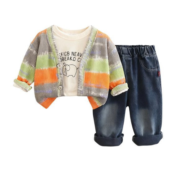 Toddler Boys Three Piece Outfit Set Long Sleeve Striped Cardigan Graphic T Shirt and Elastic Waist Jeans for Kids