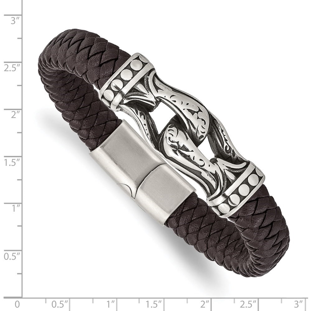 Diamond2Deal Stainless Steel Antiqued and Polished Dark Brown Braided Faux Leather Bracelet for Men 8.5"