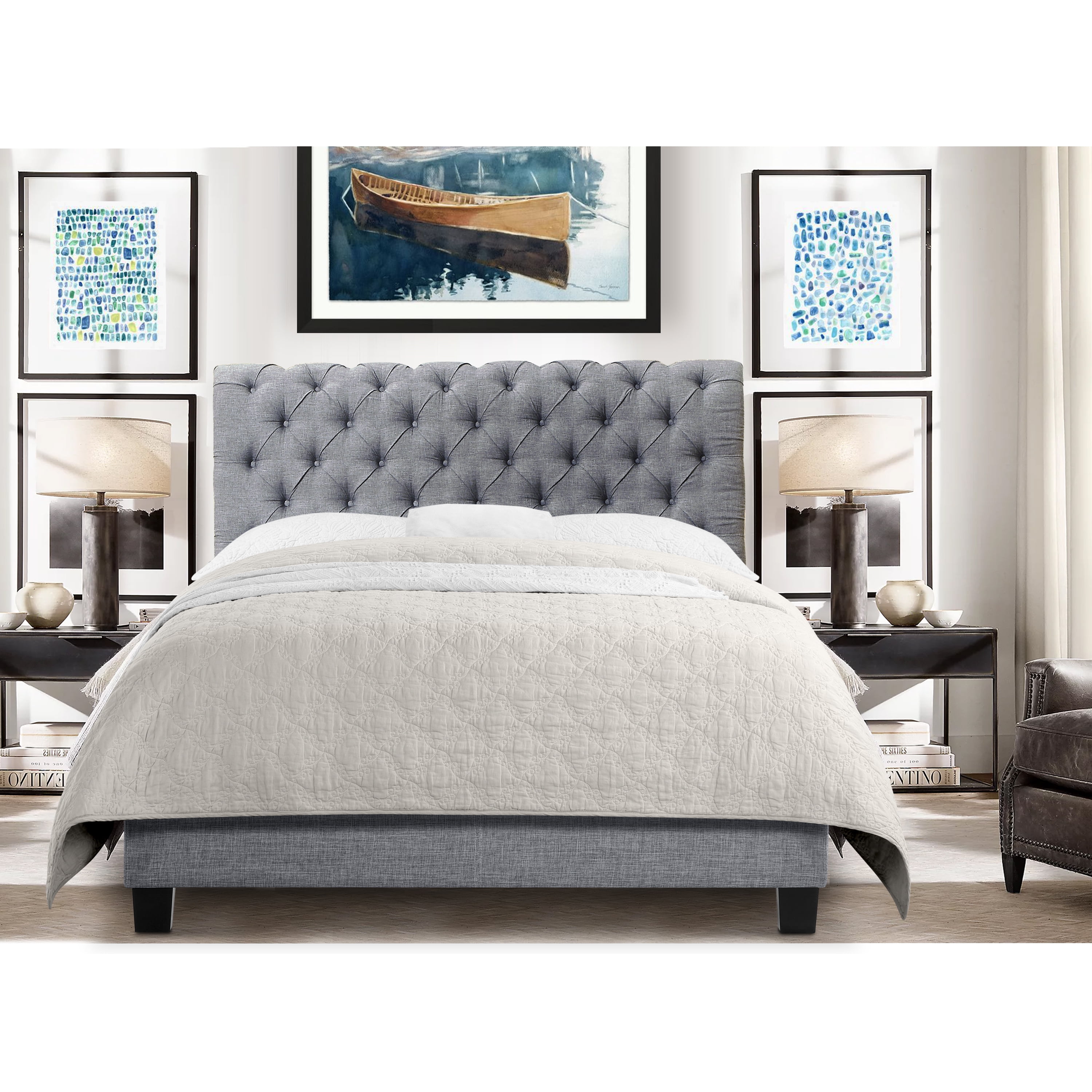 Gewnee Full Size Platform Bed Frame with Upholstered Linen Headboard, Wood Slat Support, Sturdy Construction, Box Spring Required, Grey