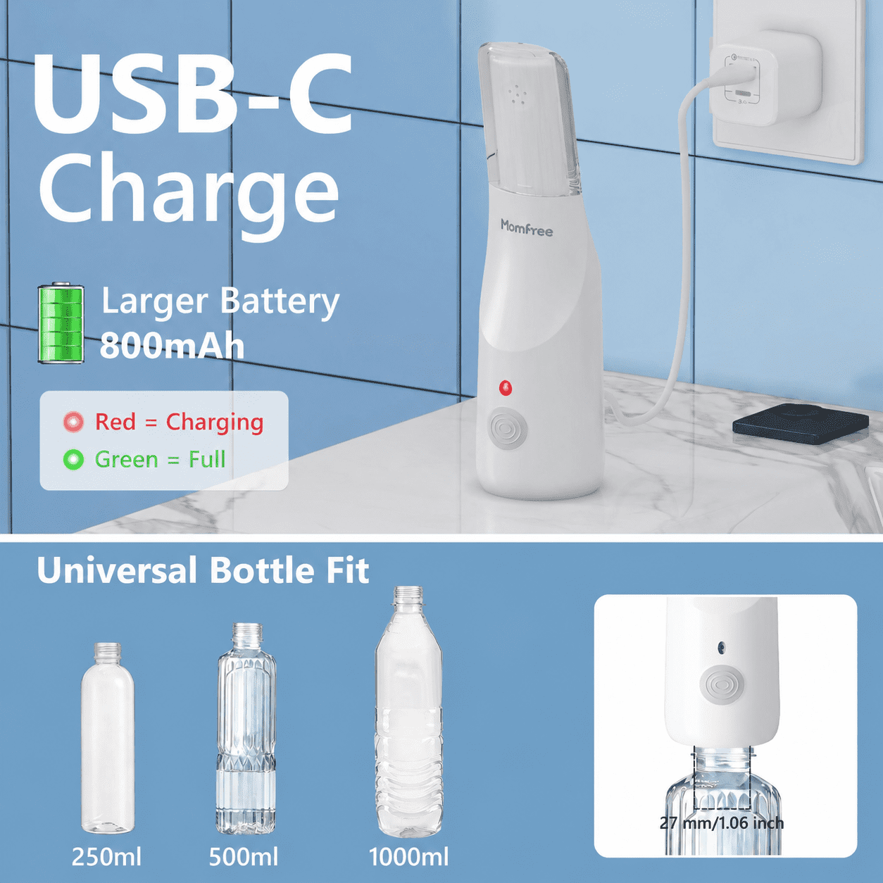 Momfree Portable Electric Bidet Sprayer, 350ml Bottle, 3 Spray Modes, USB-C Rechargeable, IPX7 Waterproof, for Travel & Postpartum Personal Hygiene