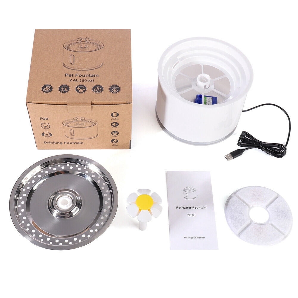 Automatic Cat Fountain Stainless Steel Dog Water Dispenser 2.4L with LED Lights