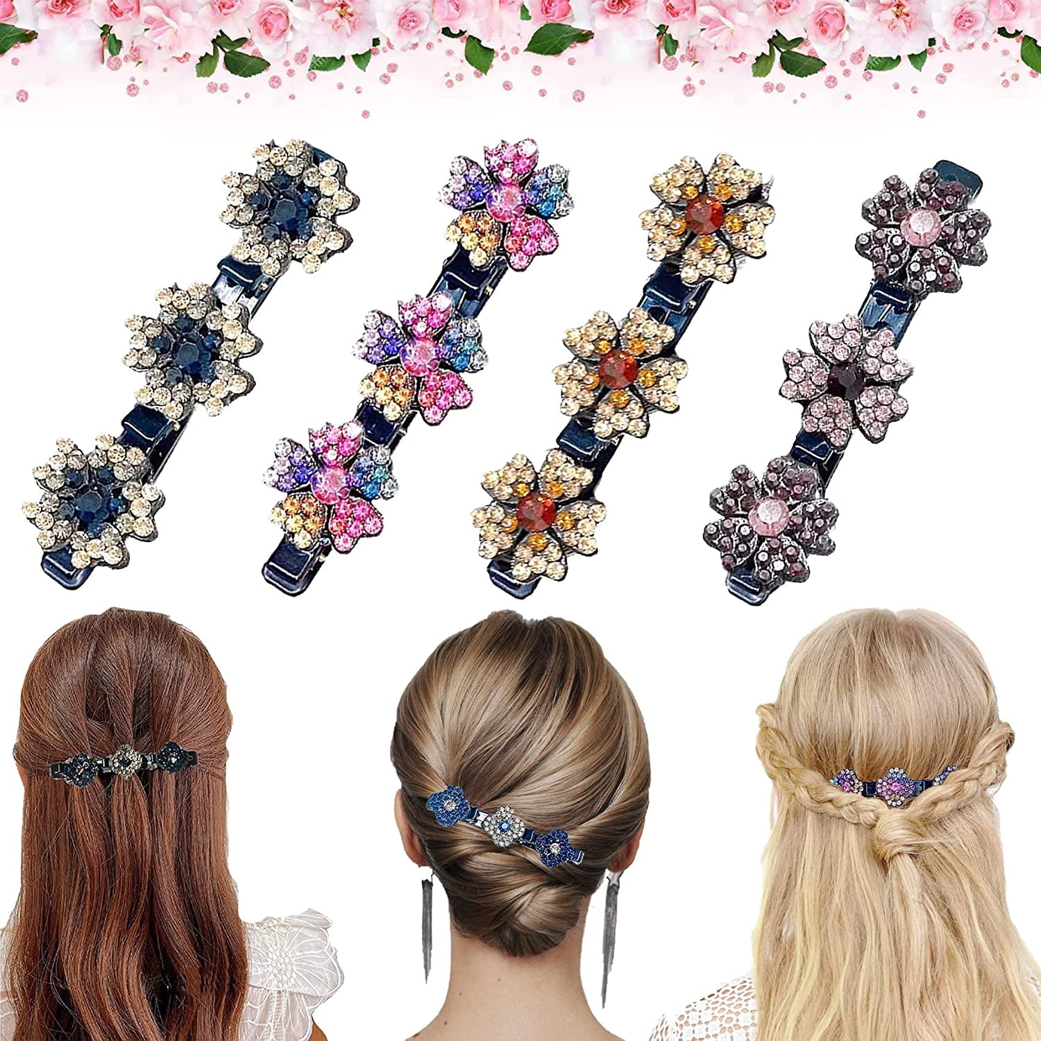 Sparkling Crystal Stone Braided Hair Clips,Satin Fabric Hair Bands