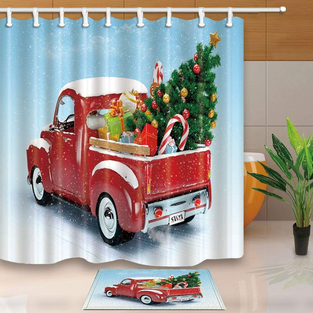 ARTJIA Christmas Red Truck Was Fitted With Tree And Gift Shower Curtain