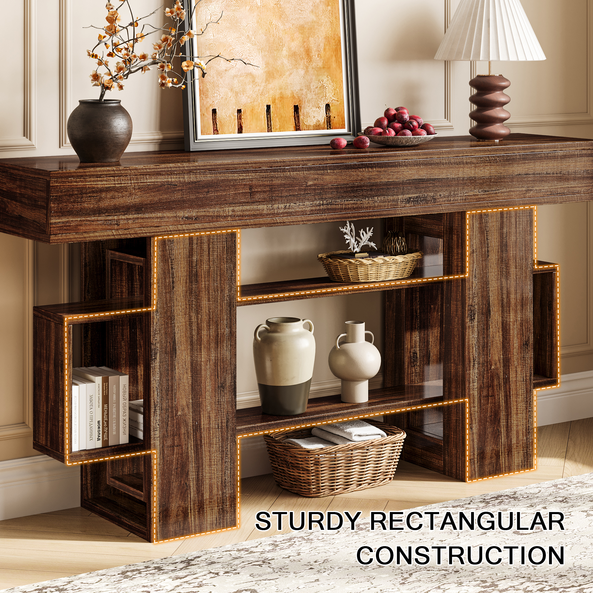Einhomn 63" Farmhouse Wood Console Table, Modern Entryway Table with Open Storage for Behind Couch, Living Room
