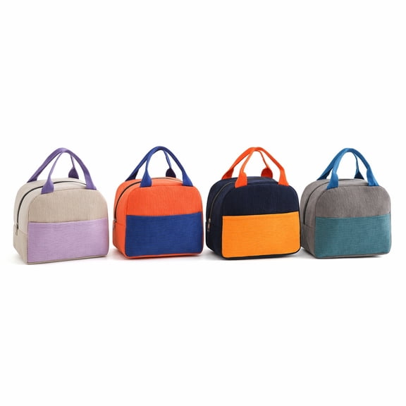 4-Pack Corduroy Insulated Lunch Tote Bags, Color Block Waterproof Oil-Proof Handheld Cooler