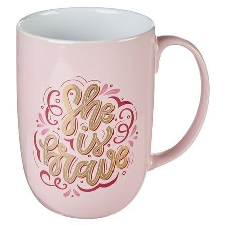With Love Inspirational Coffee Mug for Women, She Is Brave Pink w/Gold Lettering Motivational Coffee/Tea Cup for Her Birthday, Mother's Day, Breast Cancer Survivor Awareness Chemo Support 15oz