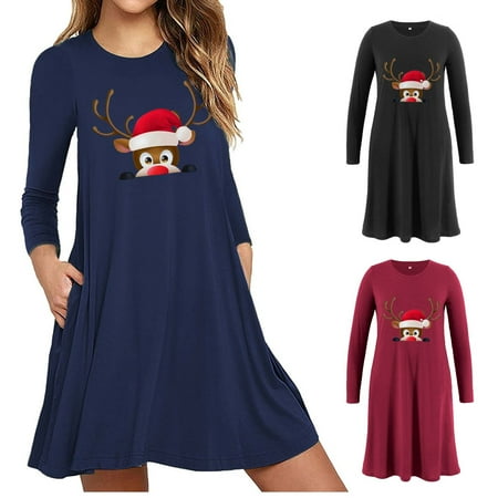 

Tejiojio Maternity/Labor/Nursing Clothing Clearance Women Maternity Wear Christmas Deer Head Printed Long Thickened Long Sleeve Round Neck Pocket Dress