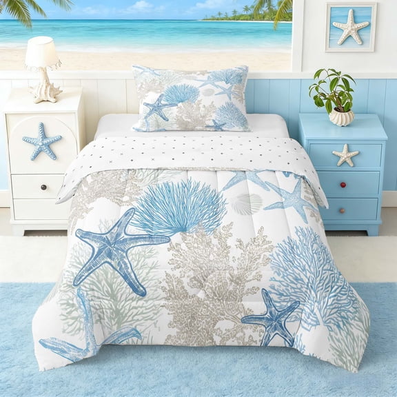 Manfei Simple Blue Starfish Coral Twin Comforter Sets for Kids Boys and Girls, Coastal Bedding Set, Reversible 2 Pieces, 1 Comforter and 1 Pillowcase