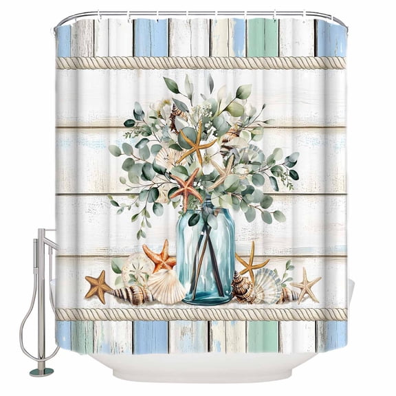 Small Stall Shower Curtain 48x72 Inch Narrow Half Size Green Eucalyptus Bath Curtains Bathroom Decor Botanical Floral Starfish in Vase Waterproof Fabric Shower Curtain Set with Hooks 48 Inch