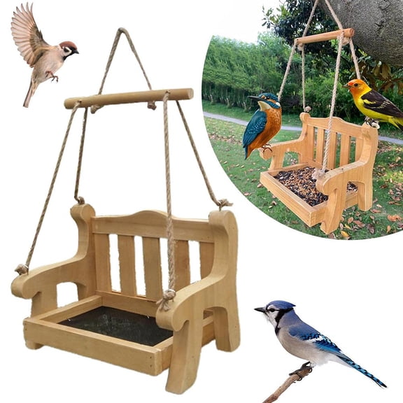 LHNFT Swing Wild Bird Feeder Stand for Outside, Metal Mesh Bottom, Wood Bench Shaped Bird Feeders for Outside Hanging, Swing Chair Bird Feeder for Garden Yard Patio, Porch Decoration
