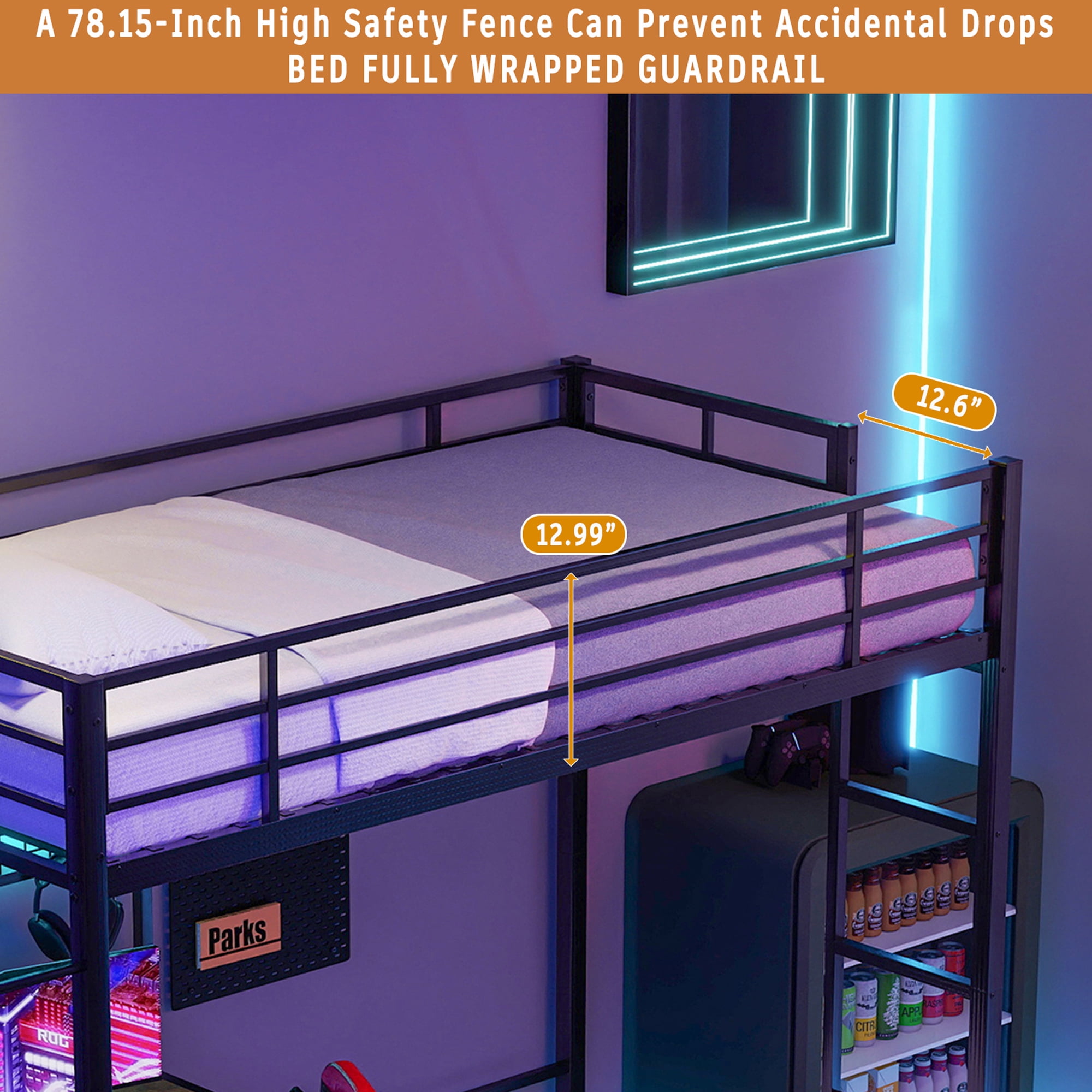 Aukfa Twin over Twin Bunk Bed with Desk, LED Light & Storage Shelves, L-Shaped Metal Bunk Bed for Teens & Kids, Black