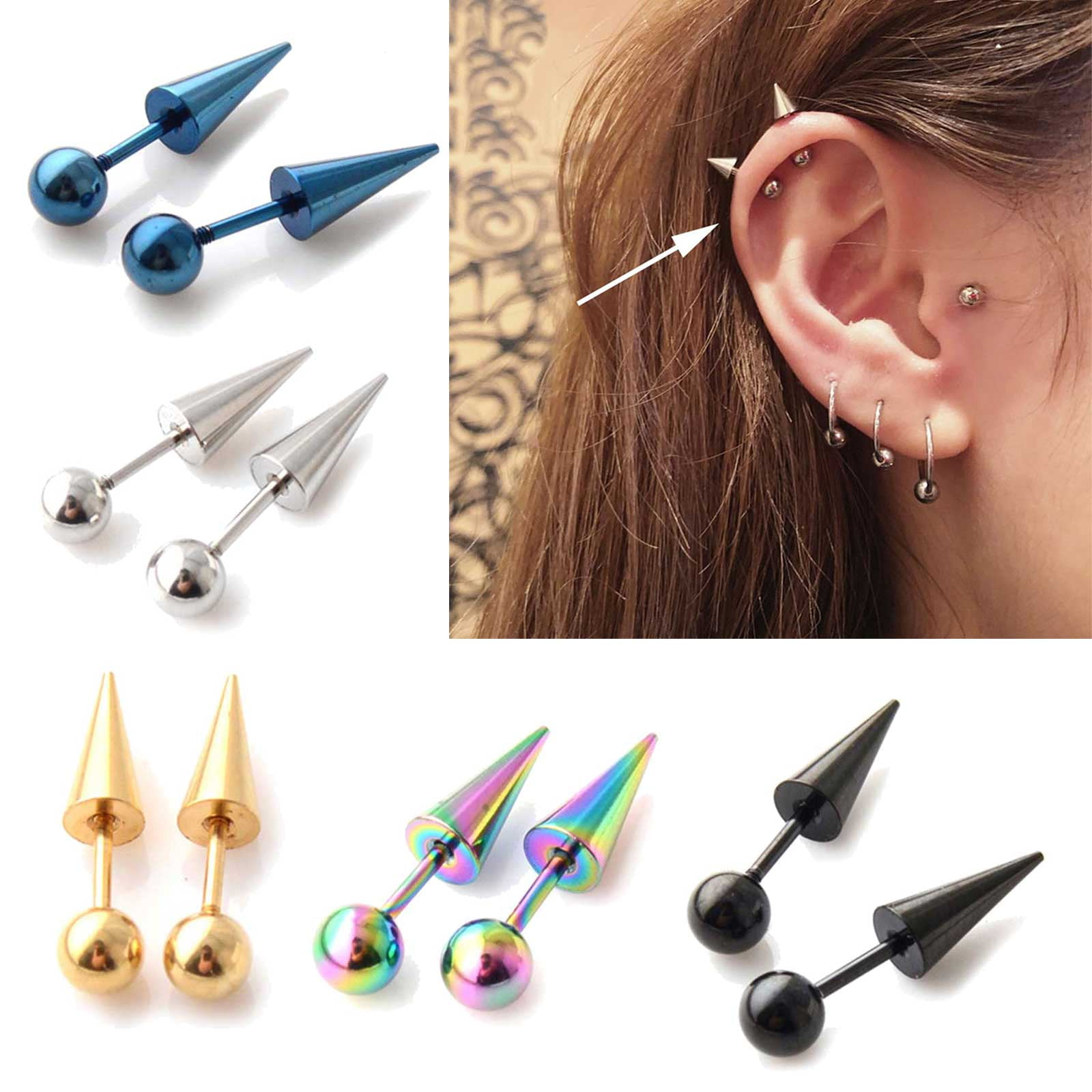 ZPAQI Round Ball Spike Stainless Steel Earring Barbell Metal Earrings  Tragus Ear Piercing Helix Earrings Body Jewelry 5 Colors