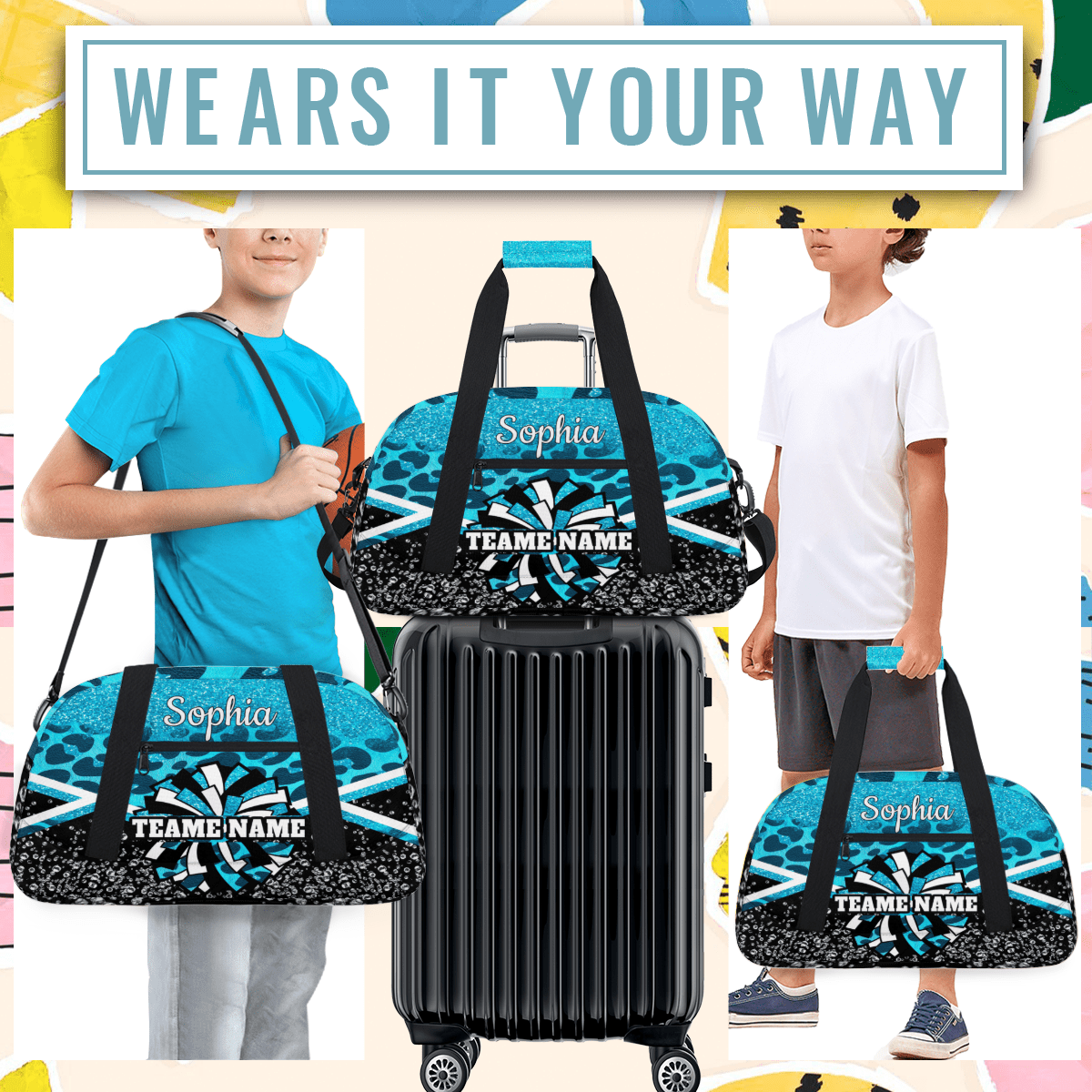 Jiaoprinted Personalized Cheer Bag, Custom Cheerleader Gym Bag Sport Duffel Bag, Customize Travel Overnight Weekender Bags, Cheerleading Gifts, Blue Leopard