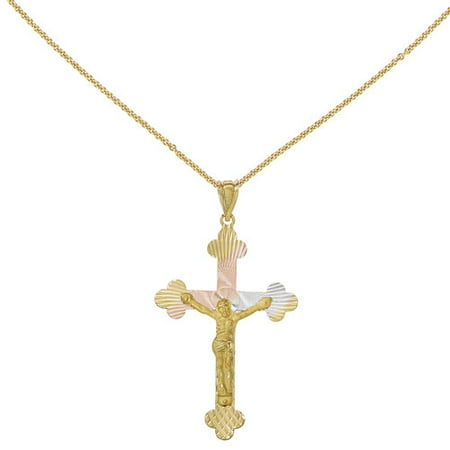14kt Yellow Gold and Rhodium Crucifix Budded Cross Pendant