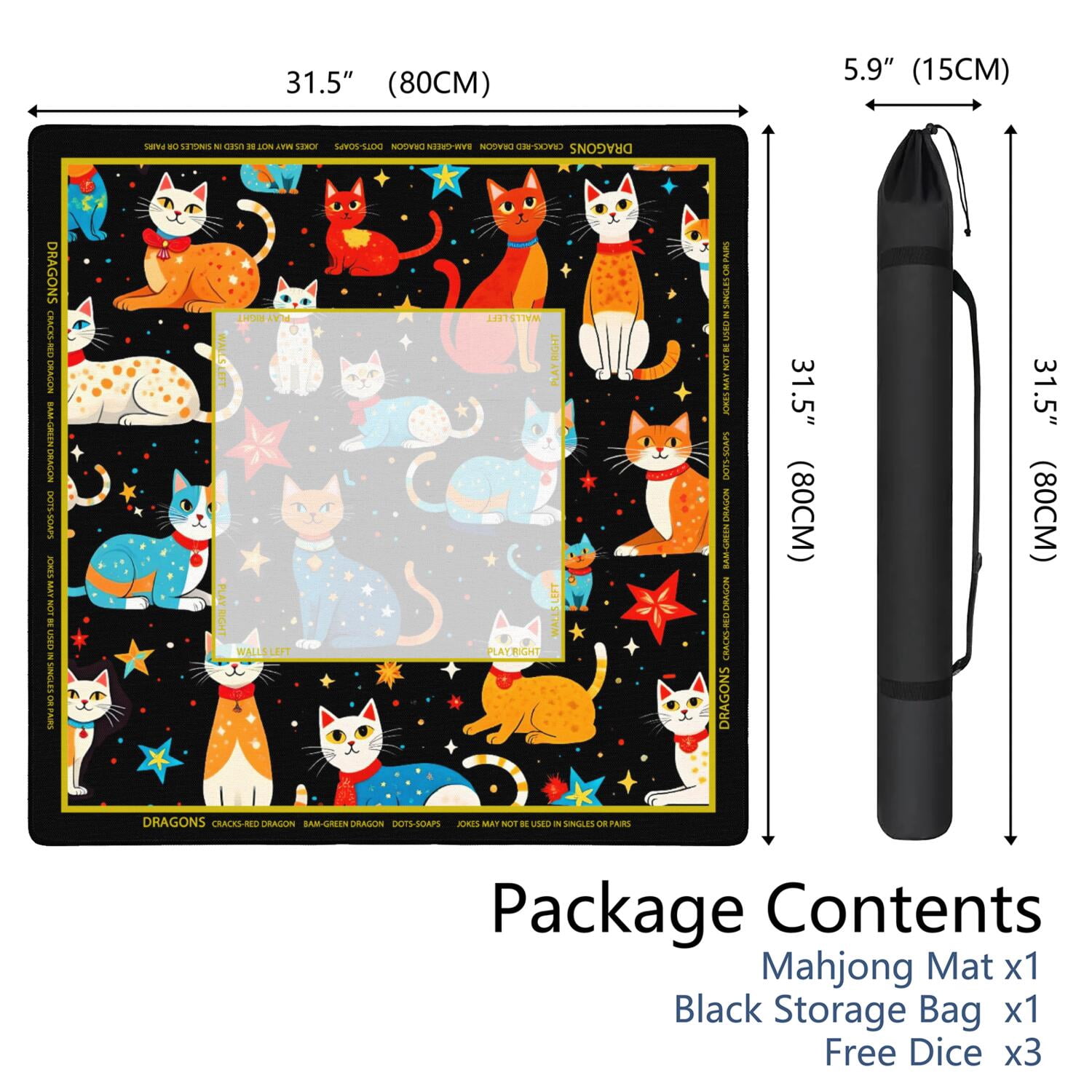 Cute Cat Mahjong Mat for Table, 31.5*31.5in Anti Slip American Mahjong Table Cloth, Noise Reduction, Neoprene Mah jongg Mat with Carrying Bag & 3 Dices, Mahjong Sets Gift, Board Tile Games Mats