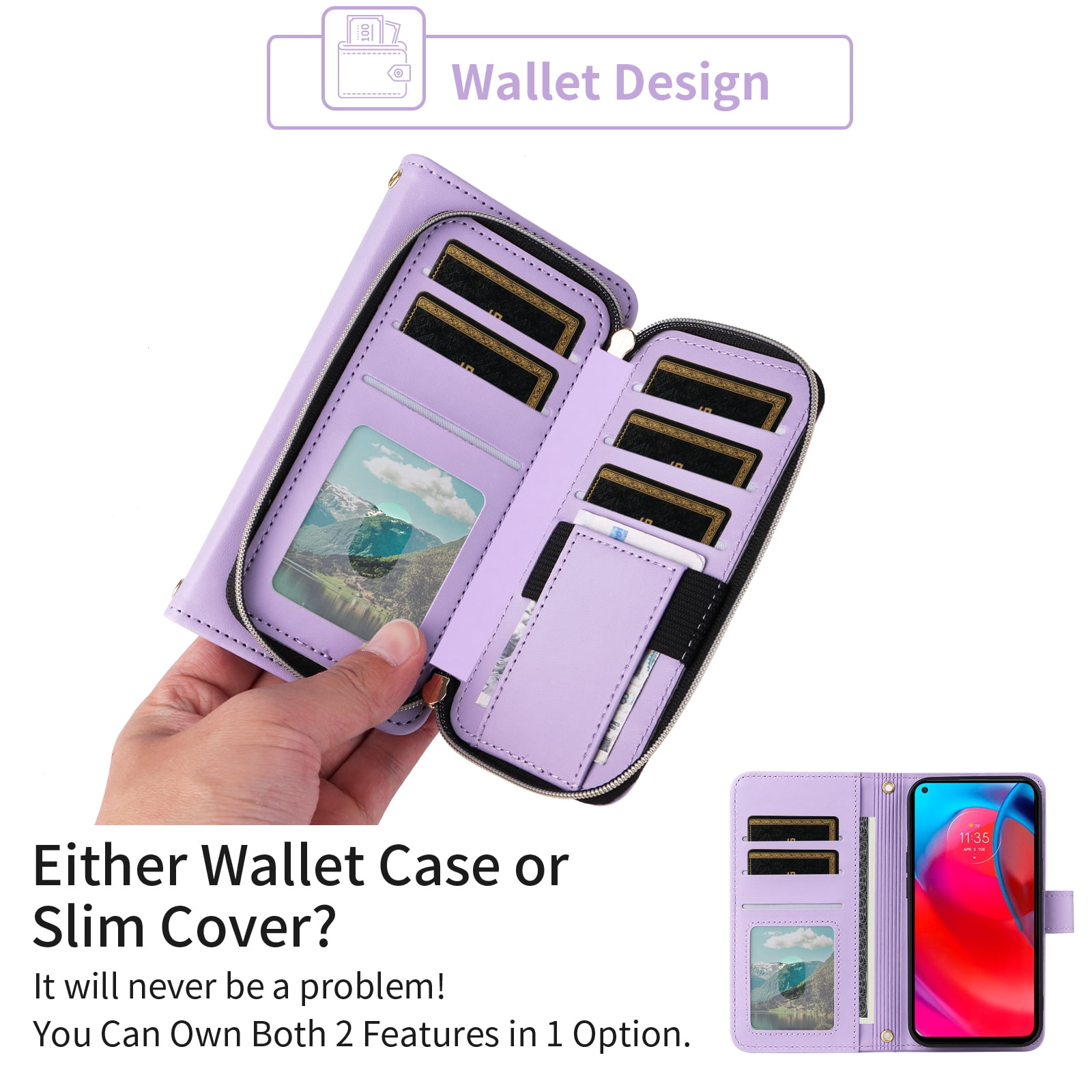 Furiet Argyle Wallet Case for Moto G Stylus 5G 2021 with Wrist/Shoulder Strap Zipper Purse, Luxury PU Leather Card Holder Slots Stand Phone Cover for Motorola GStylus G5 XT2131DL Women Purple