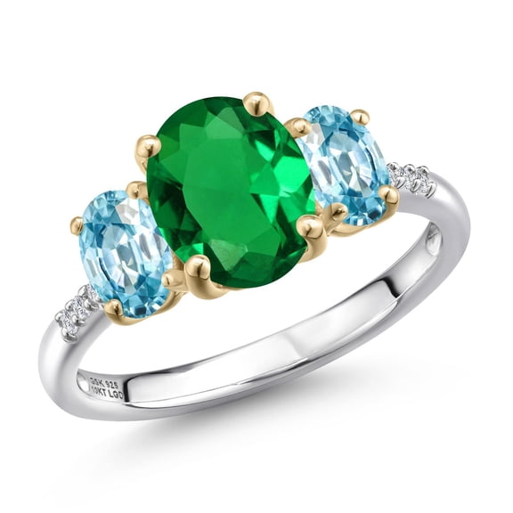Gem Stone King 925 Silver and 10K Yellow Gold Green Nano Emerald and Blue Zircon and Lab Grown Diamond Engagement Ring for Women | 2.86 Cttw | Oval 9X7MM | May Birthstone | Size 6