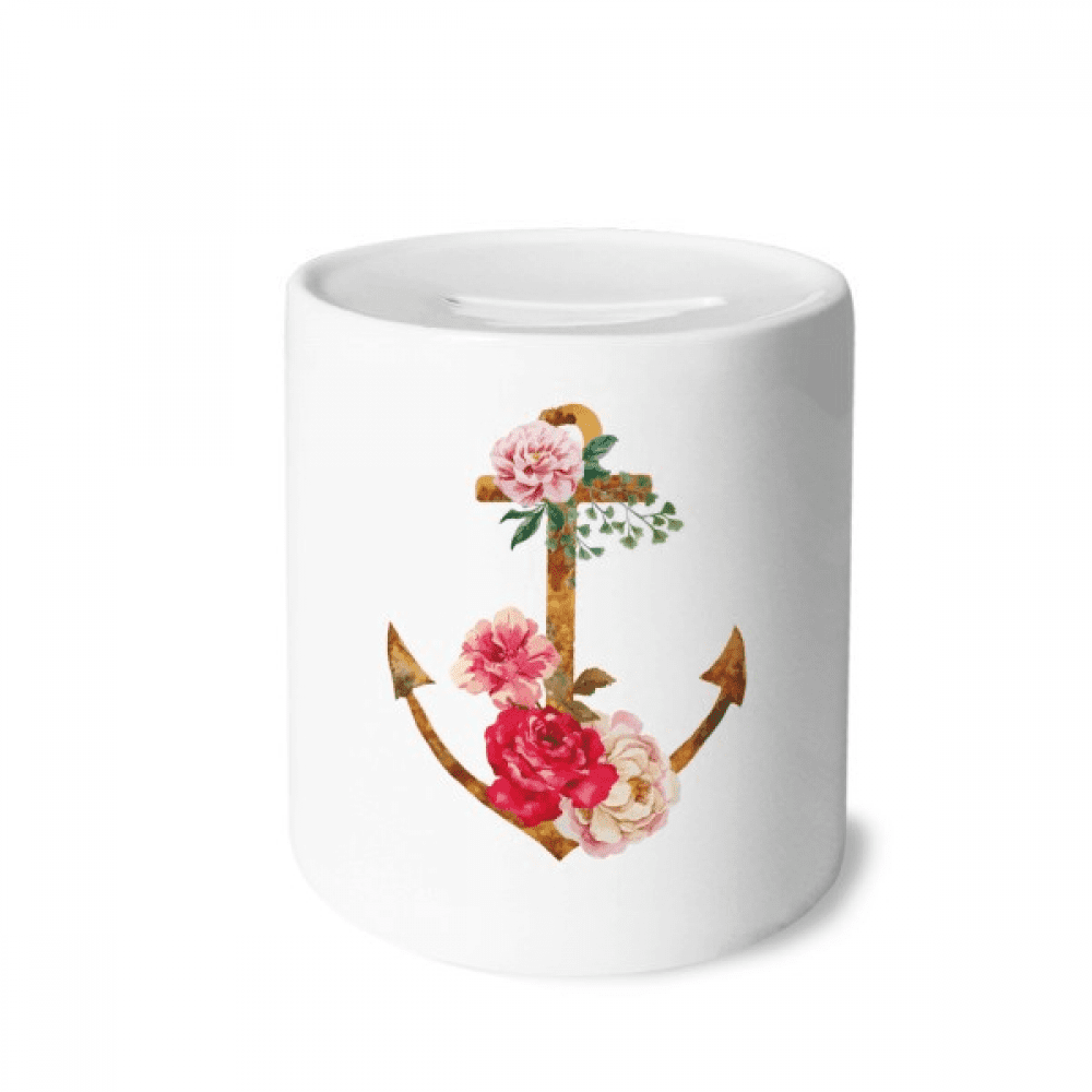 Watercolor Rose Anchor Flower Money Box Cerac Coin Case Piggy Bank