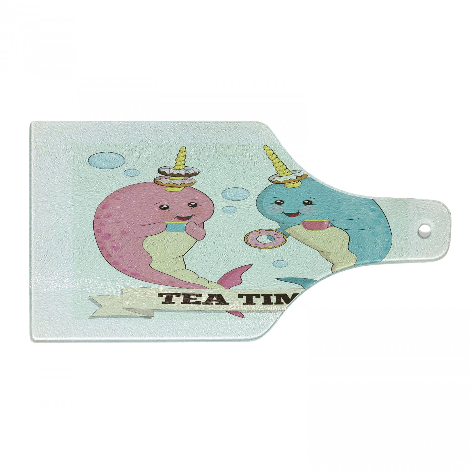 Narwhal Cutting Board, Tea Drinking Whales Ocean Unicorn with Abstract ...