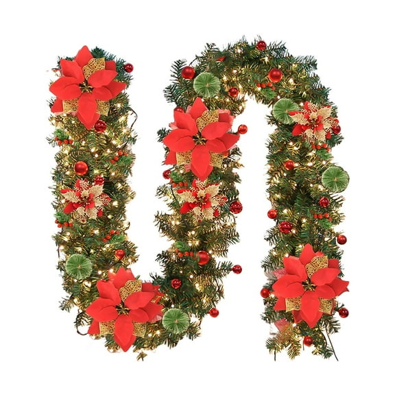 Pre-lit Christmas Garland with 30 LED Lights,Four Large Flowers and Three Small Flowers, Battery Operated Garland with Star Berry Faux Spruce for Outdoor Indoor Mantle Holiday Decor(Red1,71x2")