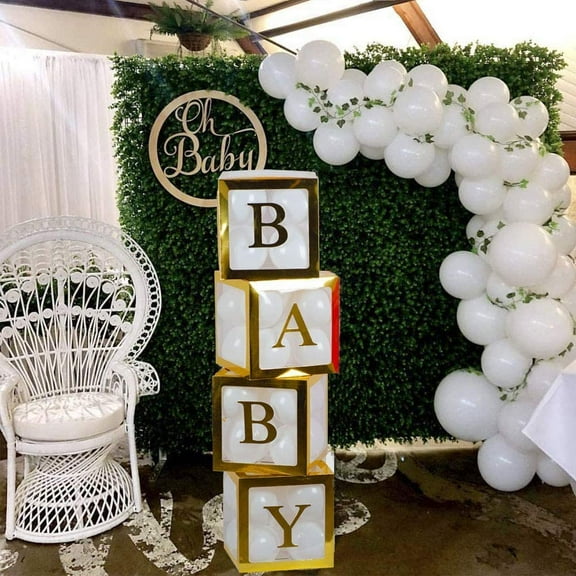 POSHBEBE Gold Baby Blocks For Baby Shower Decorations, 4PCS Clear Boxes for Baby Boy and Girl Shower Decor | Transparent Balloon Box for Party Decoration