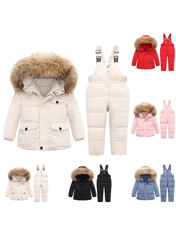 Toddler Snow Suit 1-6Years Boys Girls Solid Color Hooded Down Jackets Unisex Children Windproof Thickened Velvet Warm Outdoor Sport Skiing Coat Jumpsuit Sets