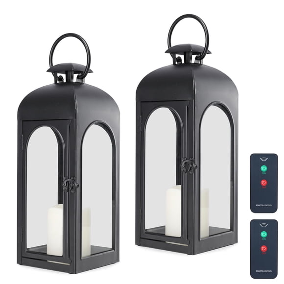 Bdor Lantern Decorative Candle Lantern 16 Inch Remote Vintage Set of 2 Decorations with Timer LED Metal Hanging Lantern for Home