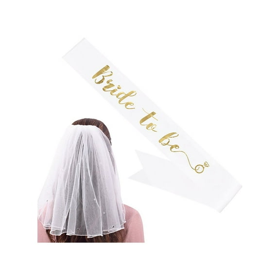 Bride To Be Printed Sash With Shoulder Length Veil Setm,Shoulder Strap Etiquette Strap Bridal Two Piece Headband Crown