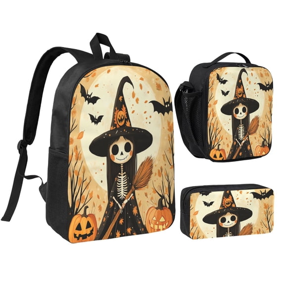 Halloween Skull Witch Backpack 17 Inch Set with Lunch Bag and CaseDurableTravel Bag Combo for Work Commuting Daily Use