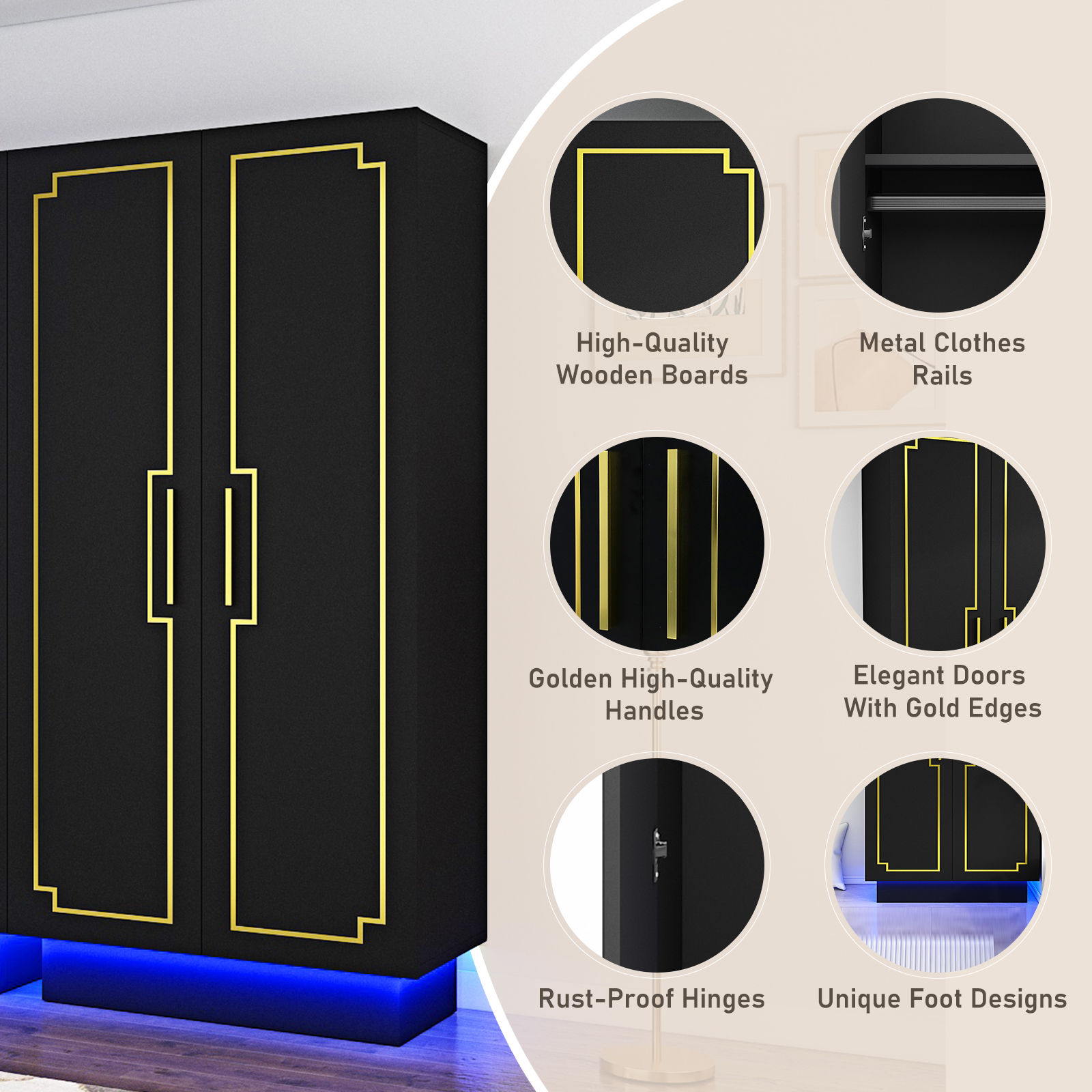 Blotout 70" Armoire Wardrobe Closet with LED Lights, Modern 2 Doors Adult Wood Closet Storage Cabinet with Hanging Rod&RGB LED 6000 Color Lights/5-Tier Storage Shelves