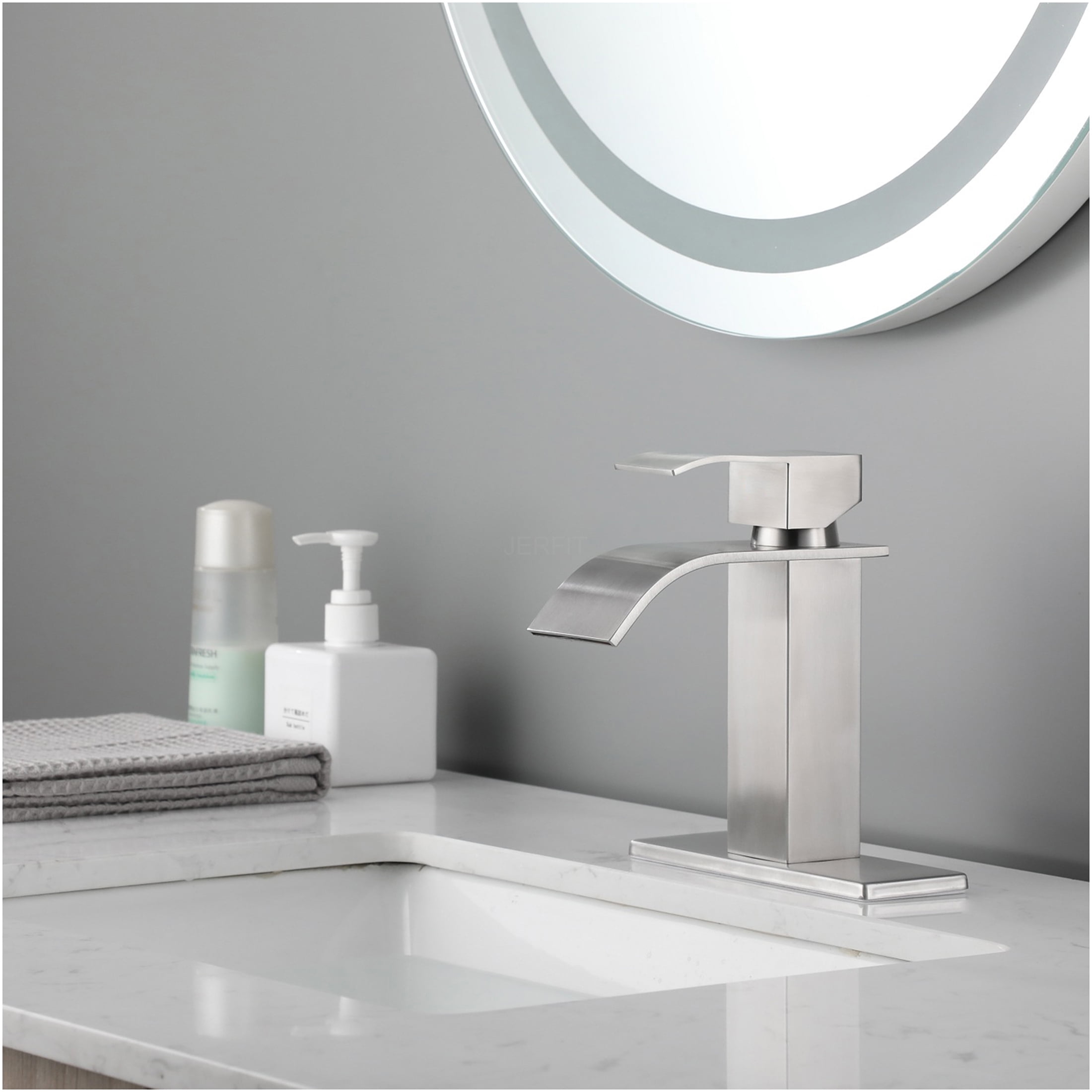 JERFIT Single Handle Waterfall Bathroom Sink Faucet in Brushed Nickel, Modern Vanity Faucet with Easy Installation and Durable Stainless Steel Build