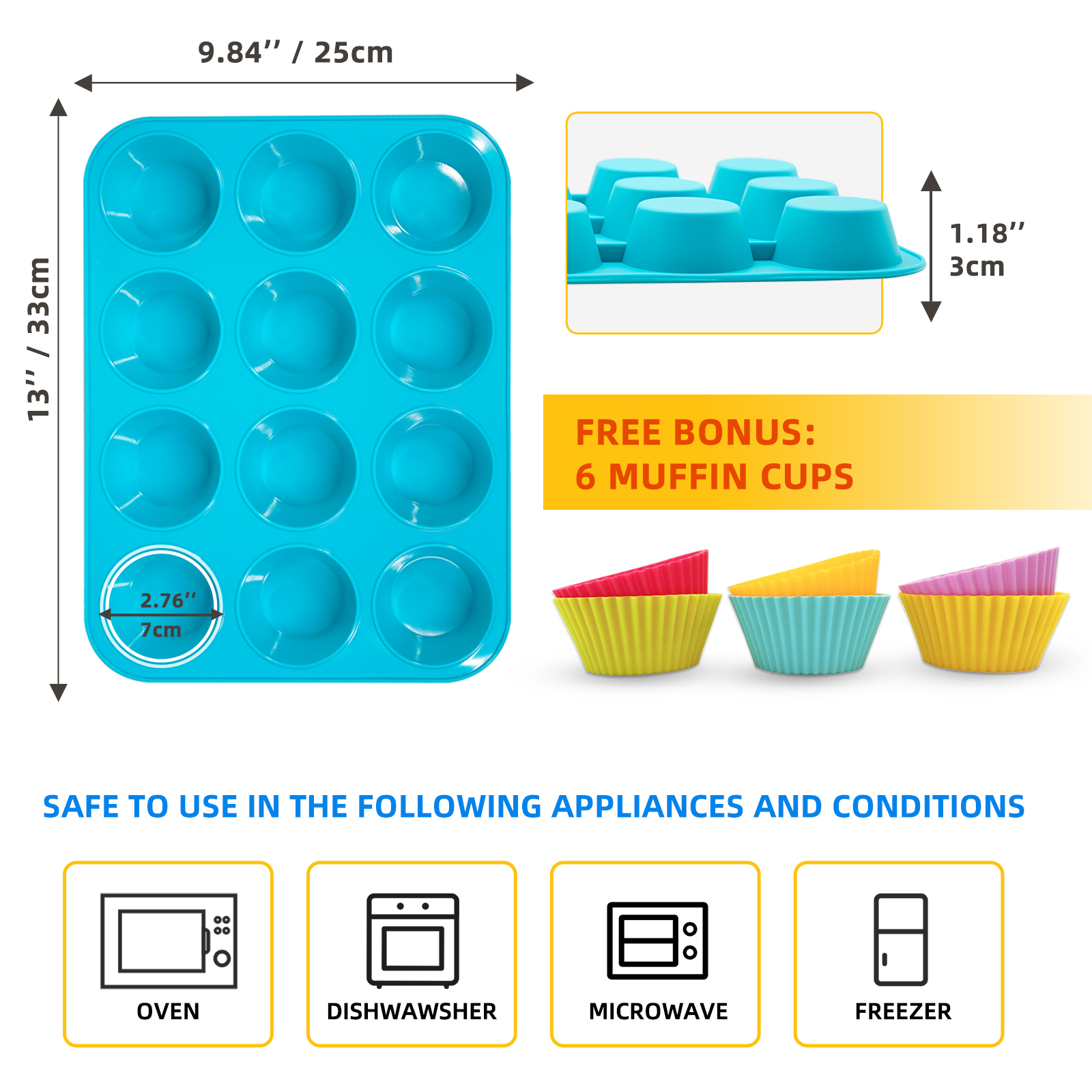 Katbite 12-Cup Silicone Muffin Pan, Blue photo 2