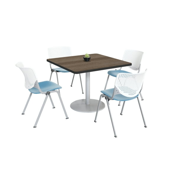 KFI Studios Mode Square 3.5' Dining Table Set, Studio Teak, 4 White & Sky Blue KOOL Chairs
