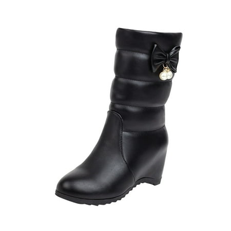

fvwitlyh Boots for Women Wide Calf Knee High Boots for Women Ladies Fashion Solid Color Bow Pearl Decorative Fleece Mid Calf Rain Boots for Women