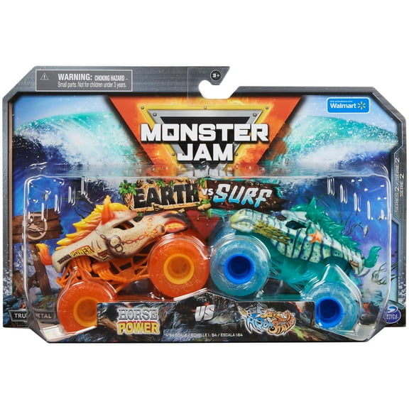 Monster Jam, Official Horse Power D Earth Vs. Sea Horse Surf 1:64 Scale Die-Cast Monster Trucks, Kids Toys for Boys Ages 3 and up