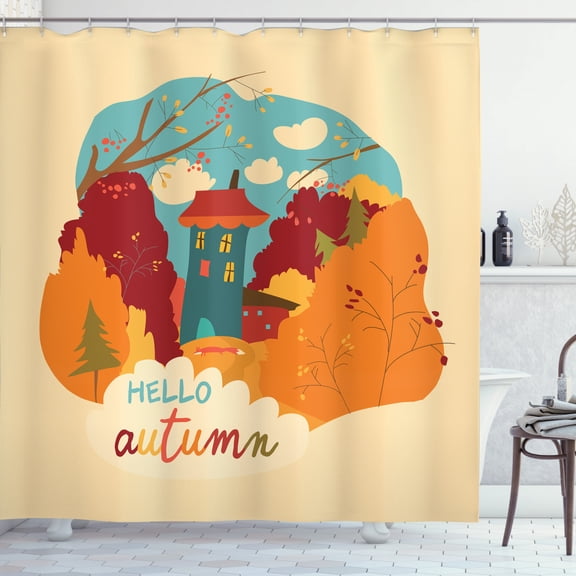 Ambesonne Autumn Shower Curtain, Fall Leaves Trees and House, 69"Wx75"L, Multicolor