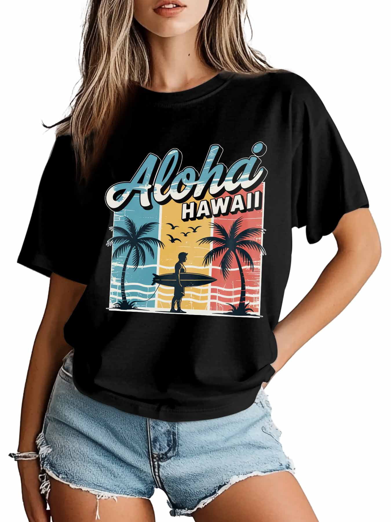 Women's T-Shirt Aloha Hawaii Retro Beach Surfing Vacation Short Sleeve Casual Tee Classic Crew Neck T Shirt for Women Black, M