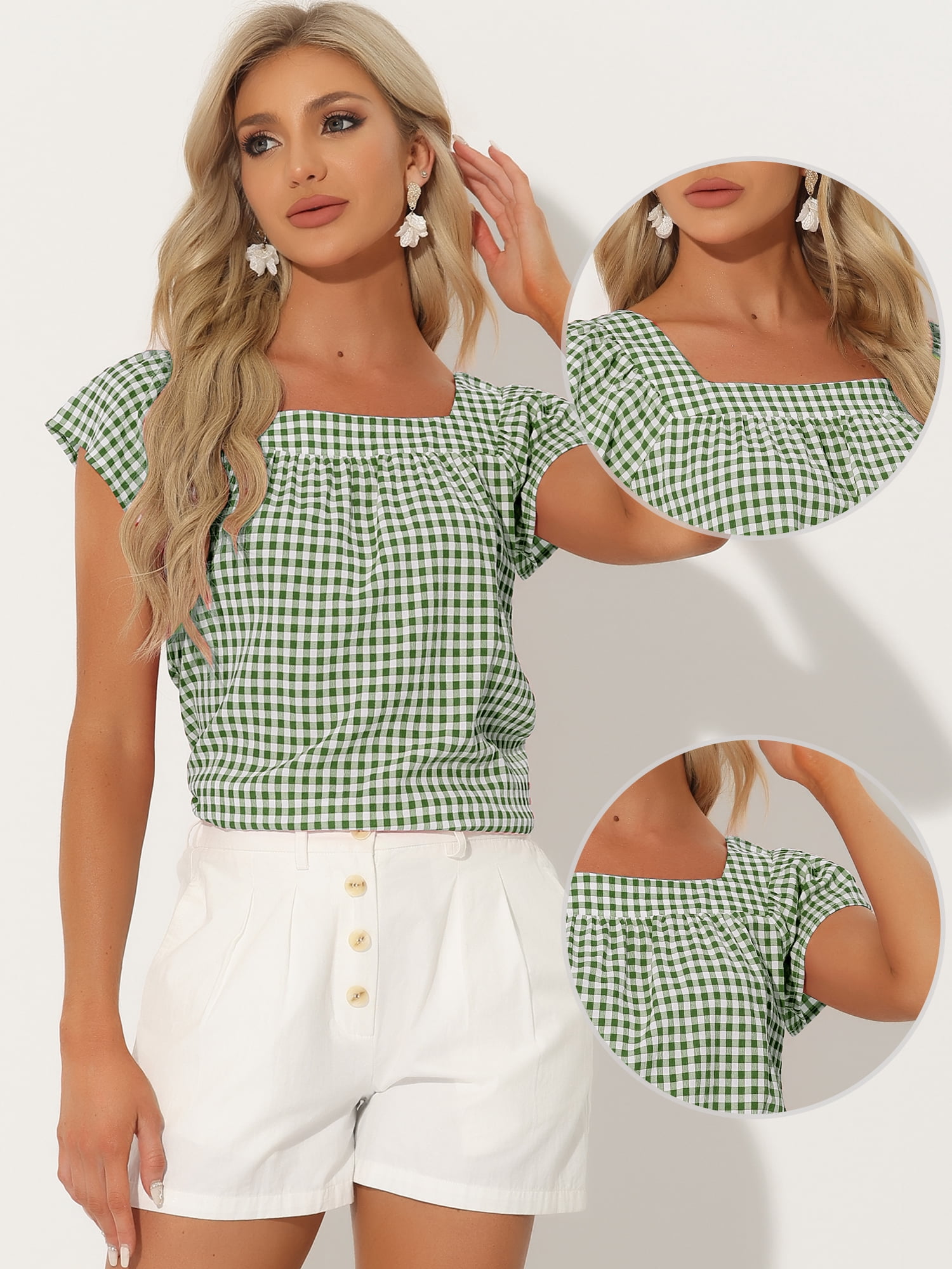 DARING DIVA Women's Summer Square Neck Gingham Cap Sleeves Blouses XL Green White