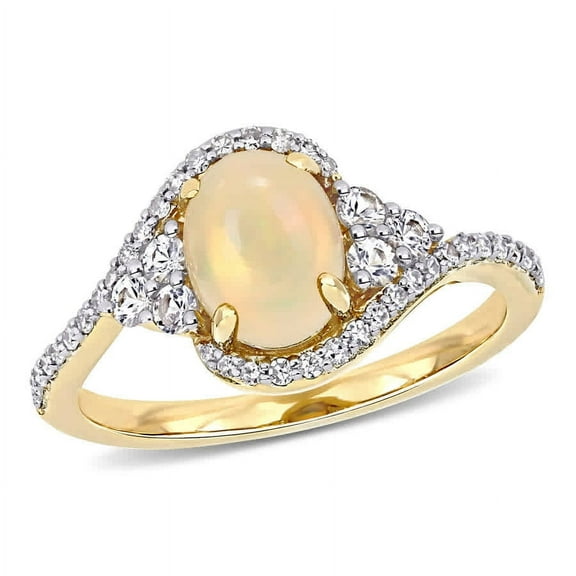 AMOUR 1 CT TGW Ethiopian Yellow Opal, White Sapphire and 1/5 CT TW Diamond Oval Halo Twist Ring In 10K Yellow Gold
