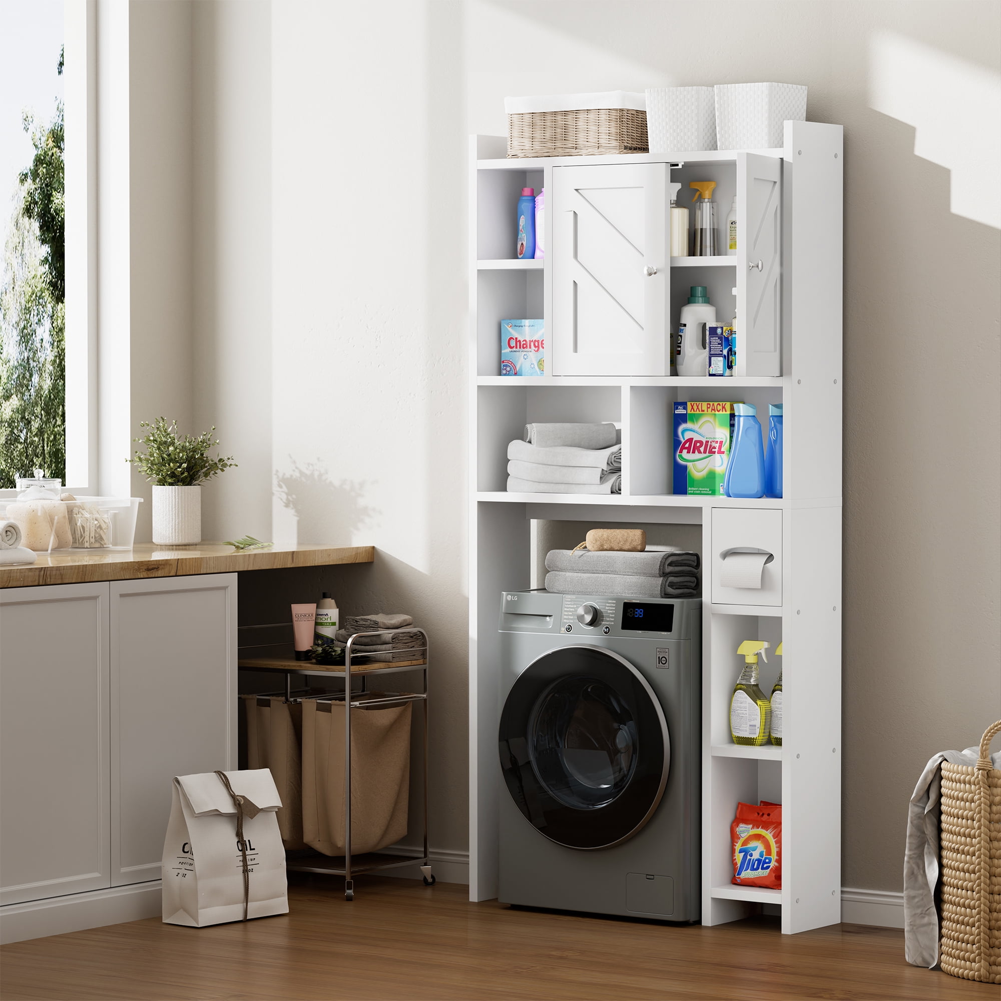 Walsunny Over the Toilet Storage Cabinets with Doors Side Shelves Toilet Paper Holder Stand Organizer Shelf Rack Space Saver above behind Toilet Freestanding for Bathroom Restroom Laundry White