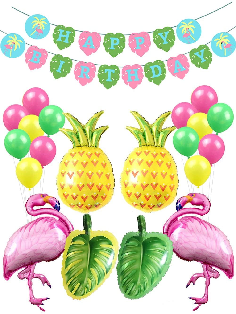 Hawaiian Flamingo and Pineapple Balloon Sets Happy Birthday Banner Decor 