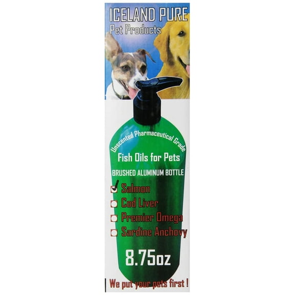 Iceland Pure Salmon Oil | Unscented Pharmaceutical Grade | 1118mg of Omega-3 per teaspoon | Liquid Food Supplement For Dogs and Cats | BPA-Free Brushed Aluminum Epoxy coated Bottle with Pump 8.75oz