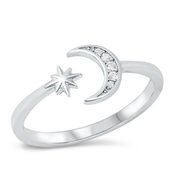 Clear CZ North Star Crescent Moon Ring .925 Sterling Silver Band White Jewelry Female Size 9