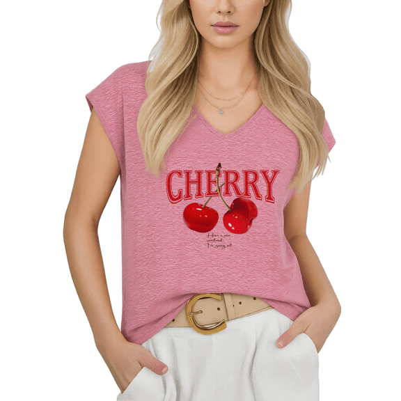 Cozymy Women V-Neck Sleeveless T-Shirt Cherry Fruit Vintage Graphic Minimalist Casual Summer Vacation Plus Size Tee S-5XL