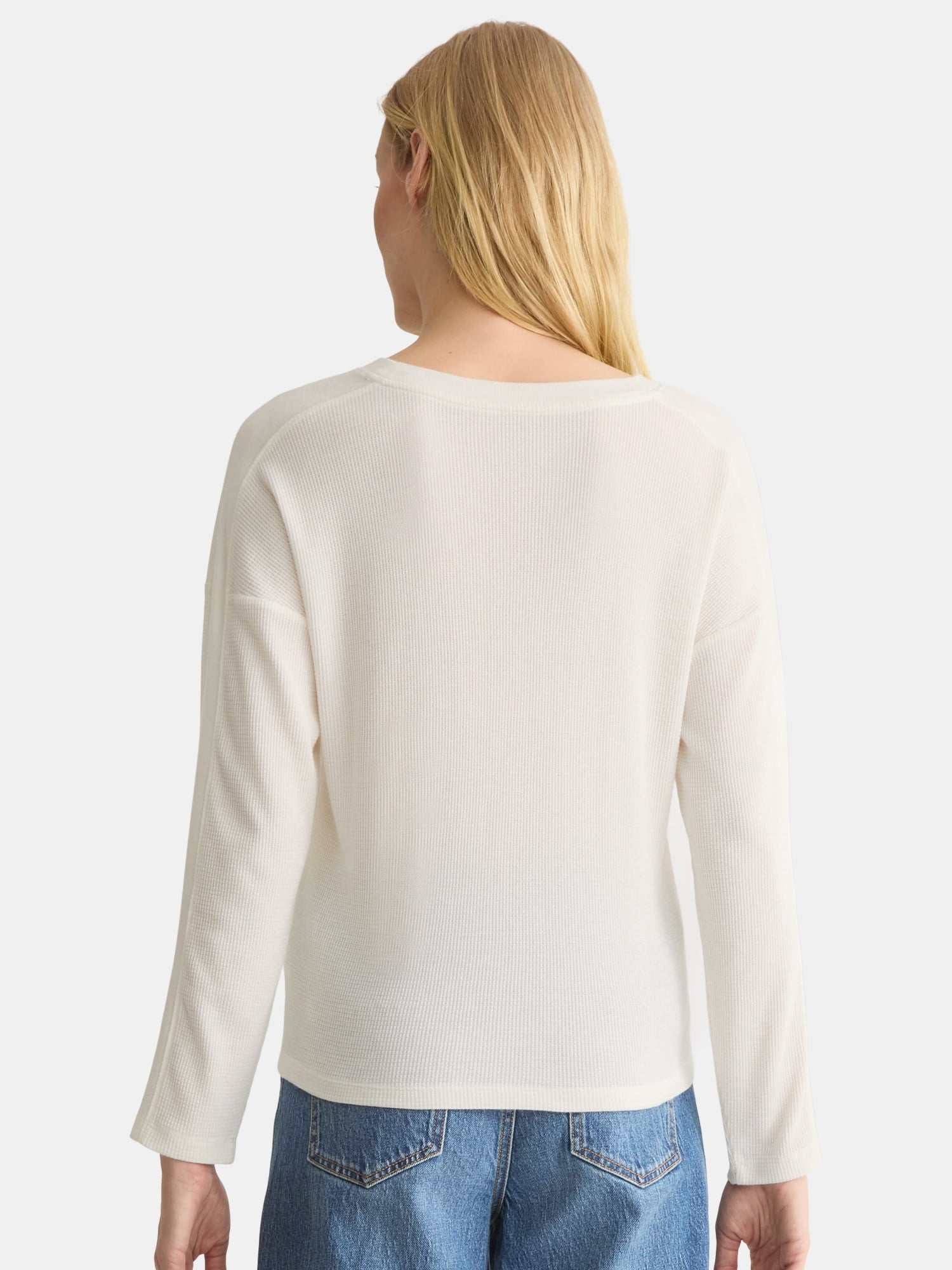 Time and Tru Women's Boxy Thermal Tee with Long Sleeves, Sizes XS-XXXL