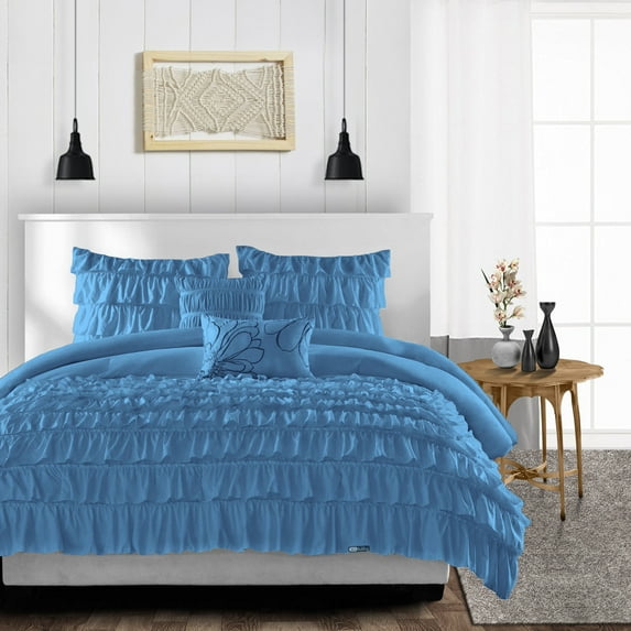 SGI Bedding 3 Piece Cotton Multi Ruffle Duvet Cover Mediterranean Blue Solid 600TC Twin XL