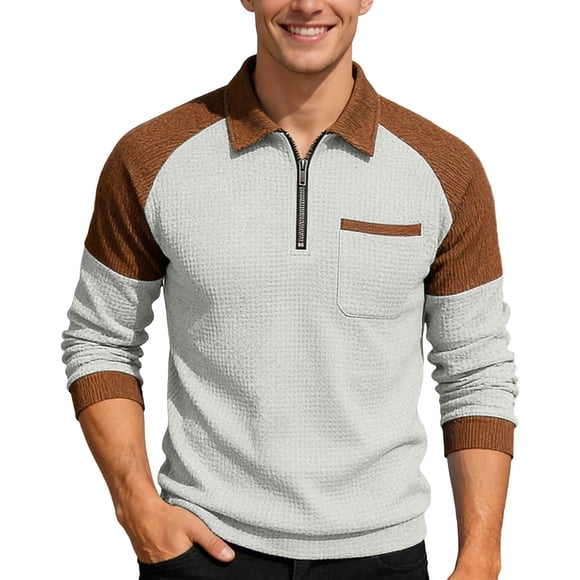 Adult Men’s Polo Shirts Long Sleeve Quarter Zip Polo Tees Slim Fit Brown Mens Shirt