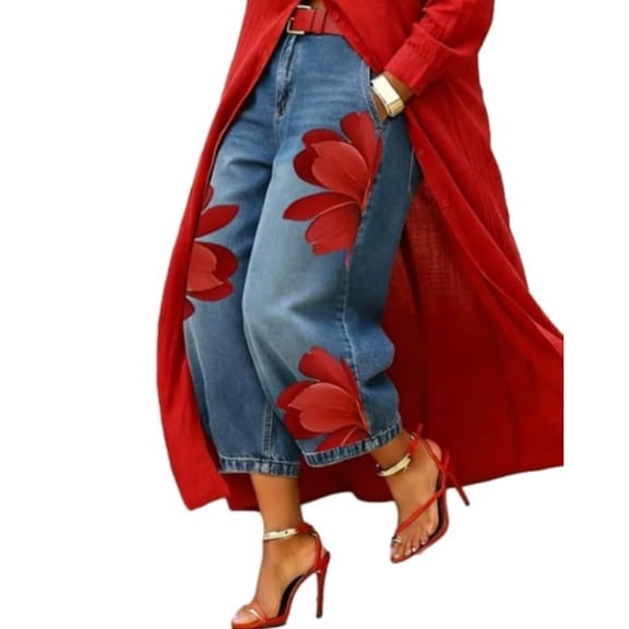 Sewkxo Womens Floral Print High Waist Loose Wide Leg Cropped Faux Denim Jeans Casual Printed Pants with Pockets,Red S