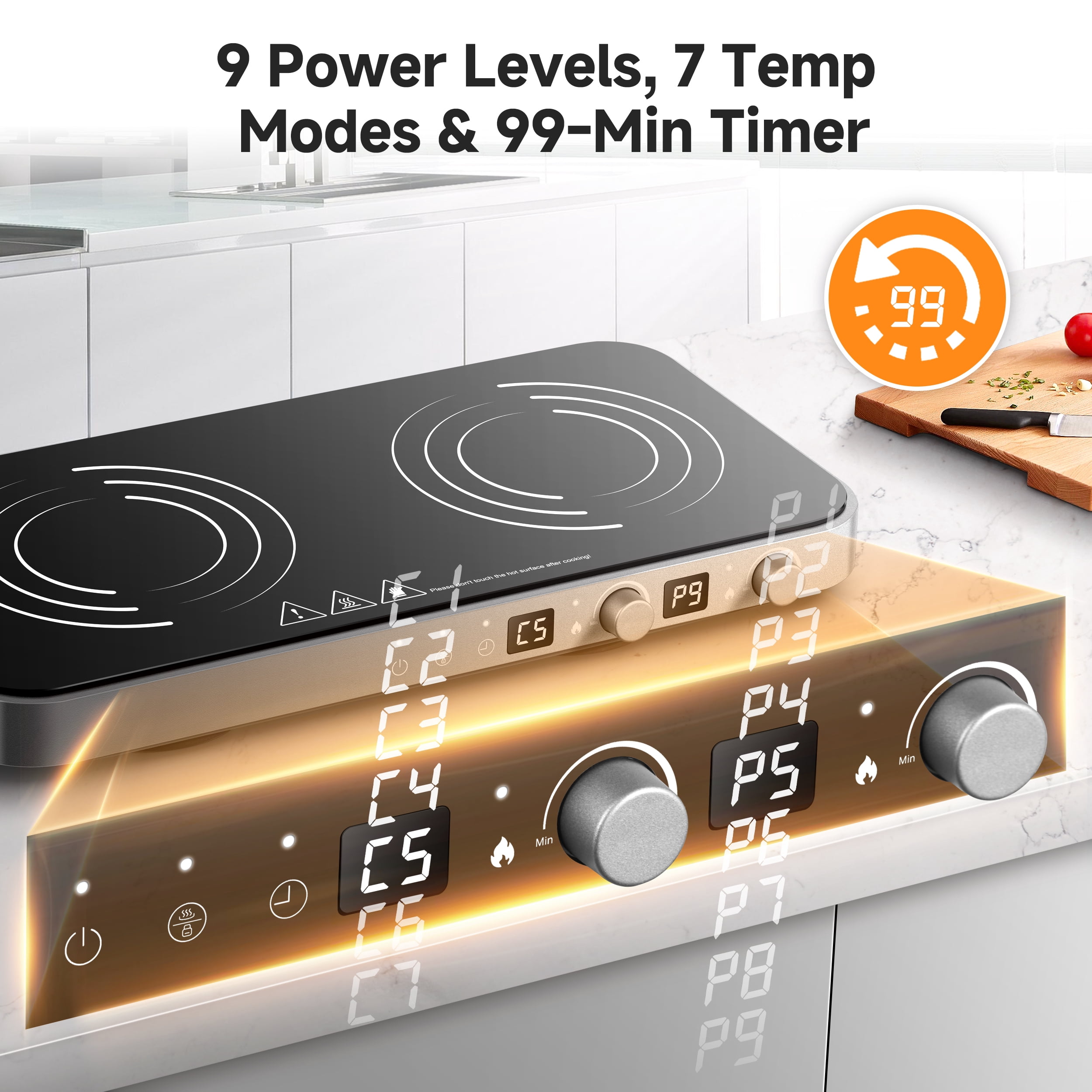 Sunmaki Portable Double Induction Cooktop with Removable Griddle Pan Non-stick, 1800W 2 burner Induction Hot Plate With Sensor Touch 9 Power Levels, 99 Min Timer,Great for Family Party